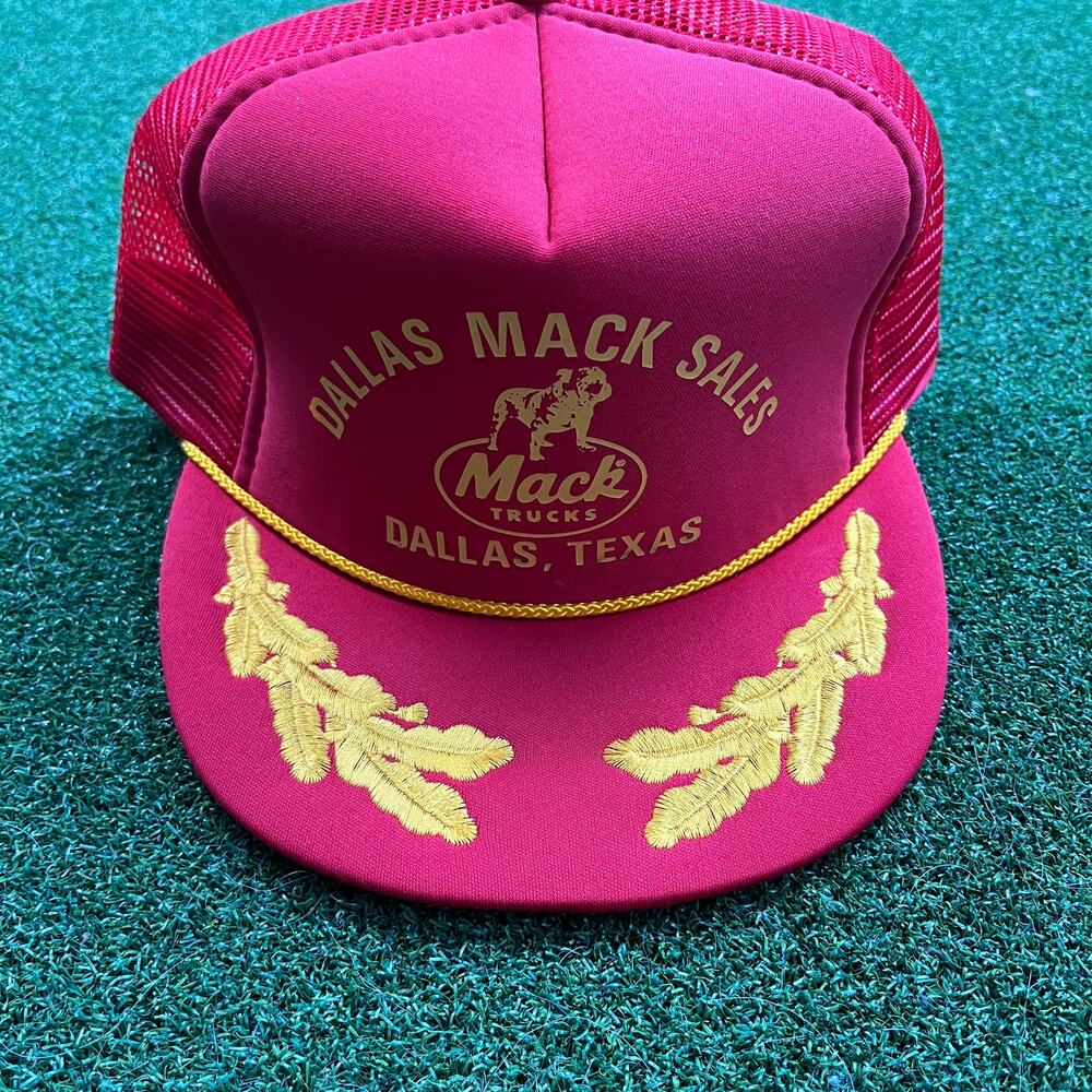 Vintage Red Nissin Mack Trucks Dallas Texas Snapback Trucker Hat Leaf Brim USA